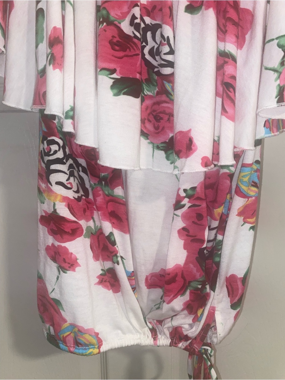 Wurl White Floral Off-Shoulder Ruffle Top with Pink Roses - Picture 2 of 4